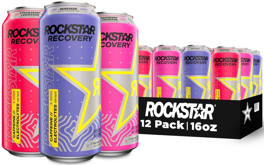 case of Rockstar Recovery Non-Carbonated Energy Drinks with 3 cans in front of it