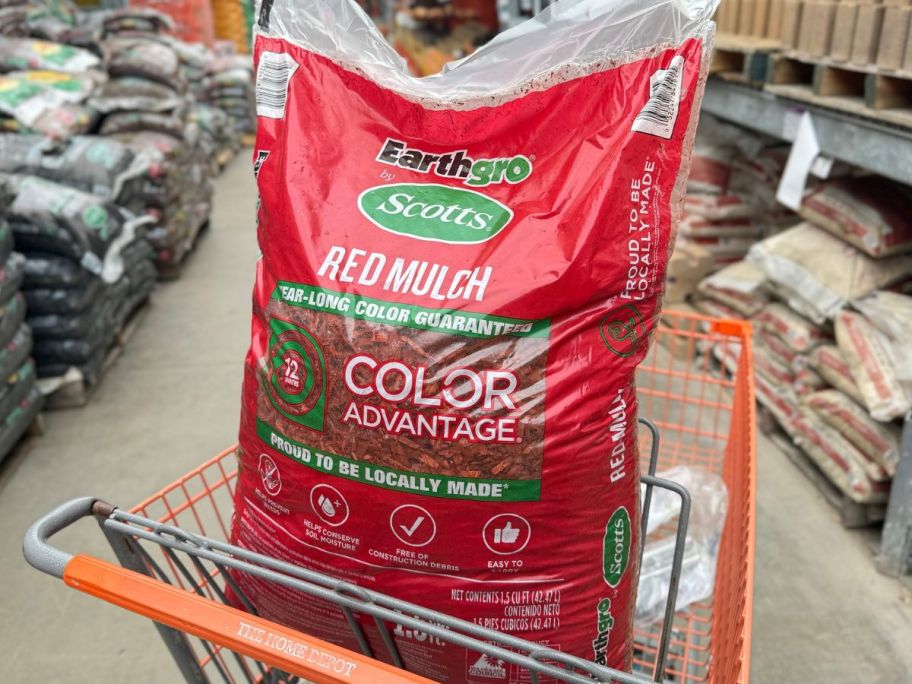 A bag of Scotts Earth Gro red mulch in a home depot shopping cart