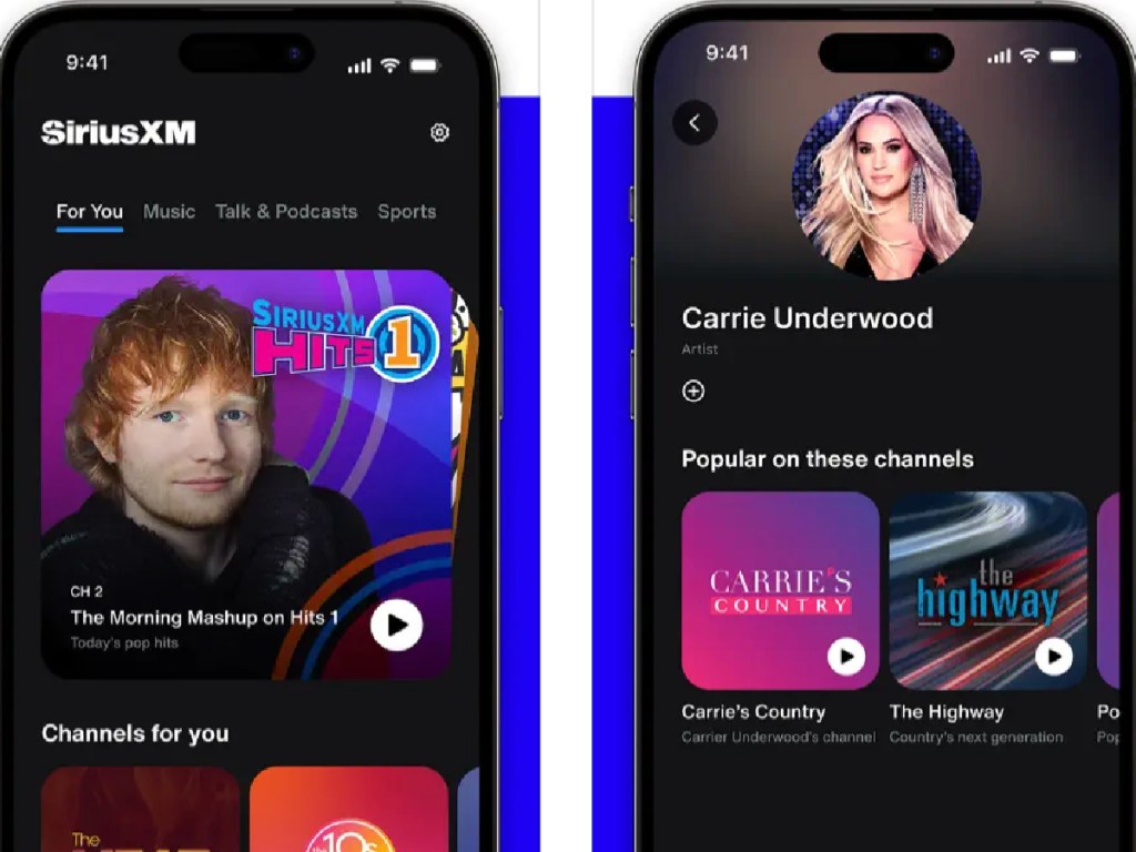 sirius xm app showing ed sheeran and carrie underwood