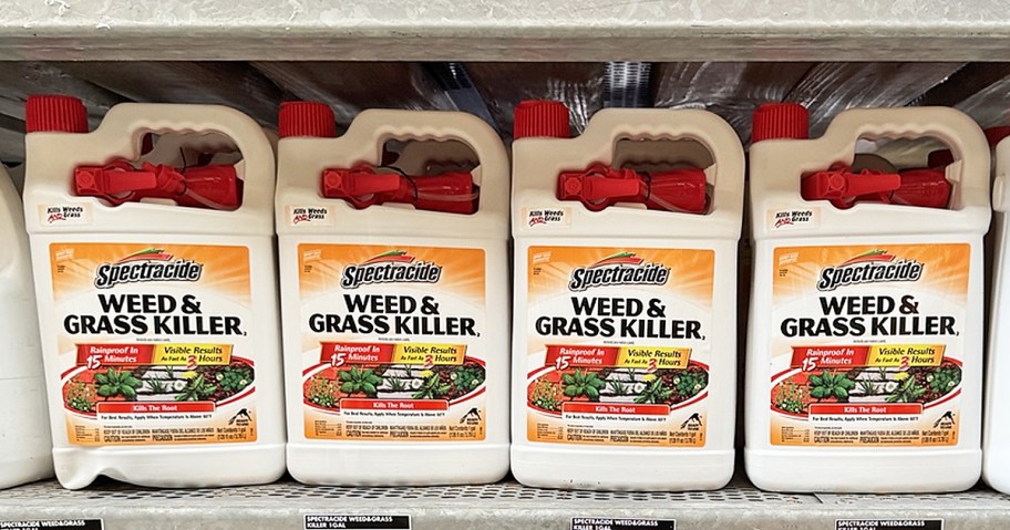 large white bottles of Spectracide Weed and Grass Killer on store shelf