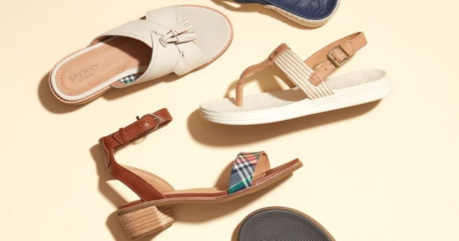 Several pairs of Sperry Sandals and shoes on a yellow background