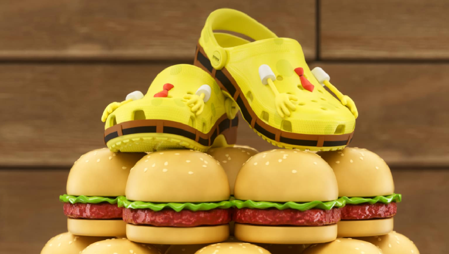 SpongeBob Crocs shoes on top of crabby patties 