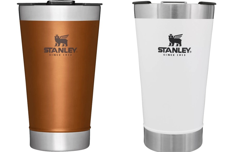 brown and white stanley beer pints