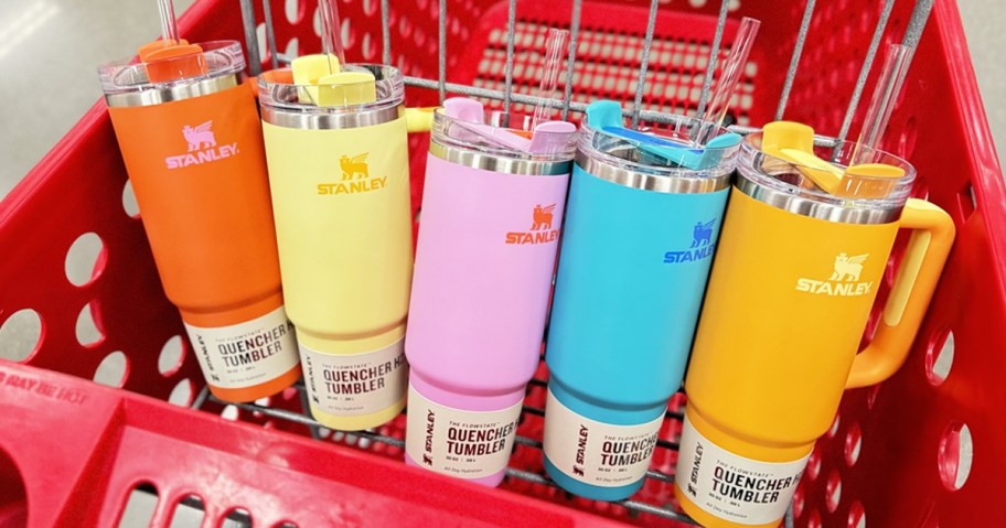 colorful stanley tumblers in red target shopping cart