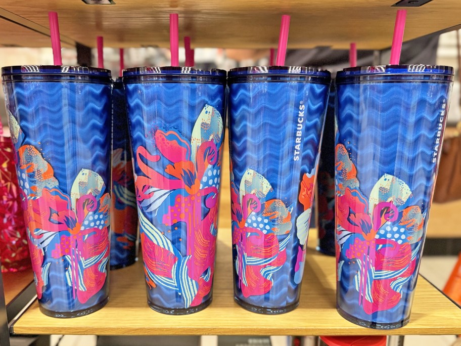 starbucks cold cups with blue waves and pink floral print
