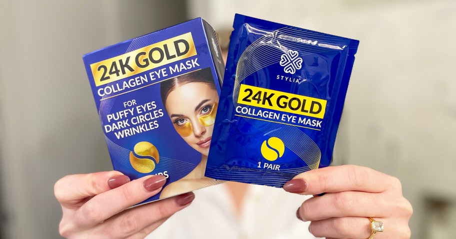 woman holding up packaging for Stylia 24K Gold Under Eye Patches