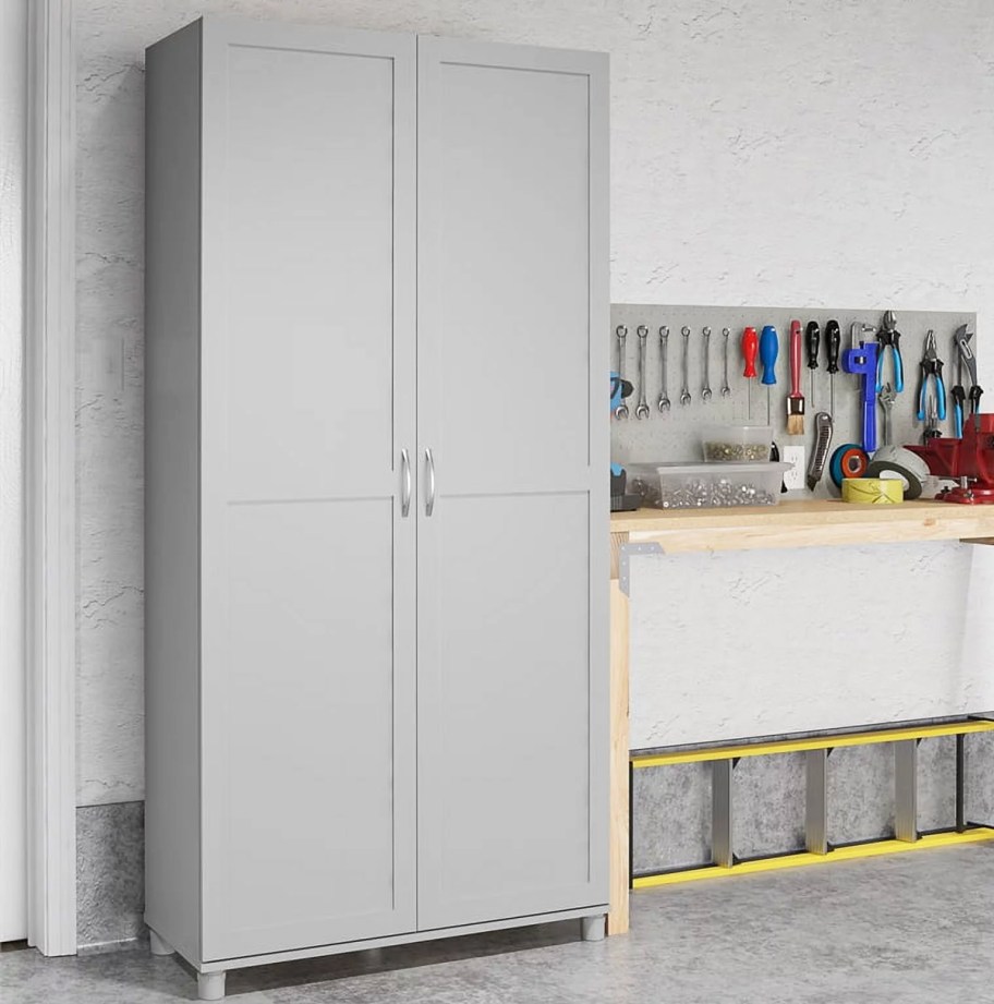 grey storage cabinet in garage