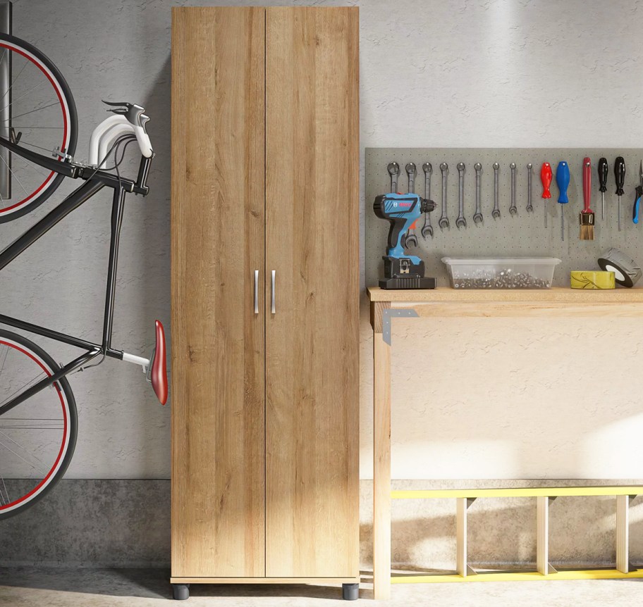 wood storage cabinet in garage