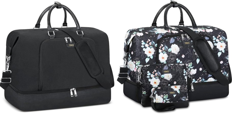 solid black and black floral print weekender bags