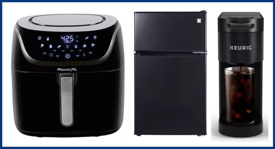 air fryer, mini fridge and coffee maker