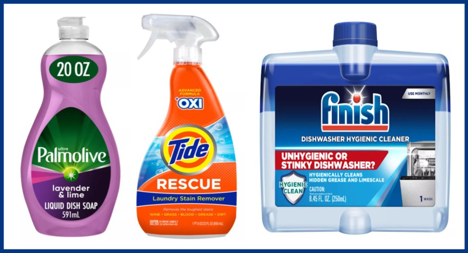 dish soap, laundry stain remover and dishwasher cleaner