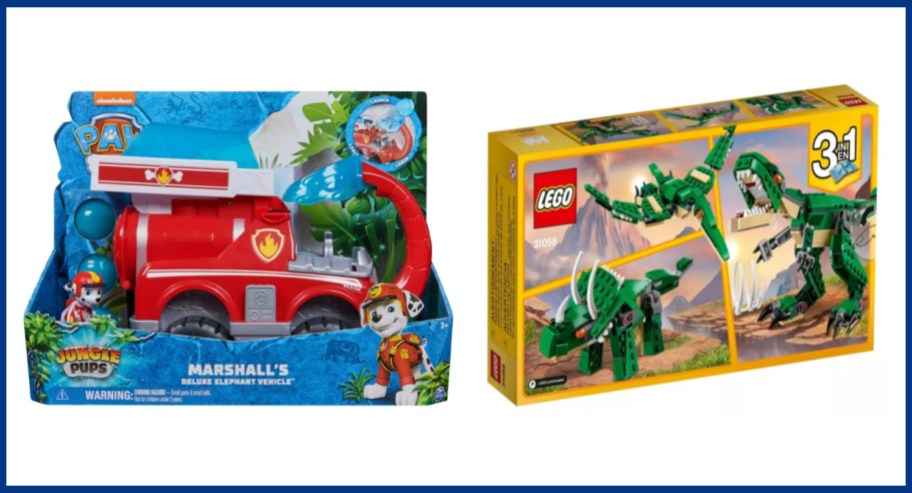 dog toy and dinosaur lego set