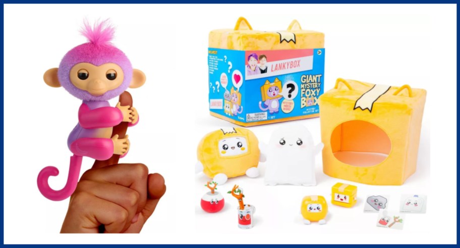 monkey toy on finger and mystery box toy