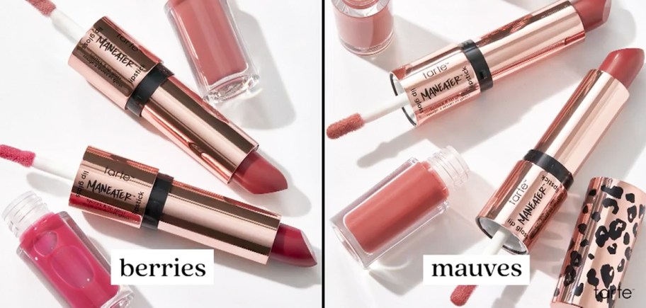 berry and mauve shades of tarte maneater lipstick & lip gloss duos