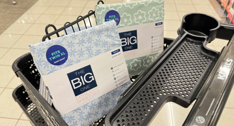 The BIG one extra soft bedding in different patterns displayed inside of a kohls shopping cart