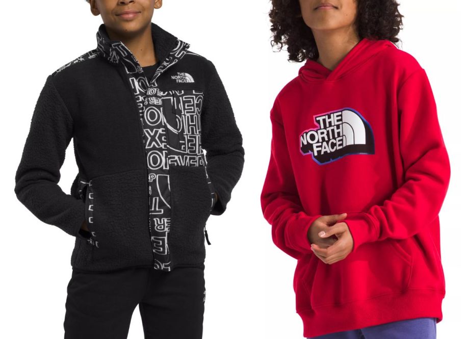 two boys wearing a TNF sweatshirt and a jacket