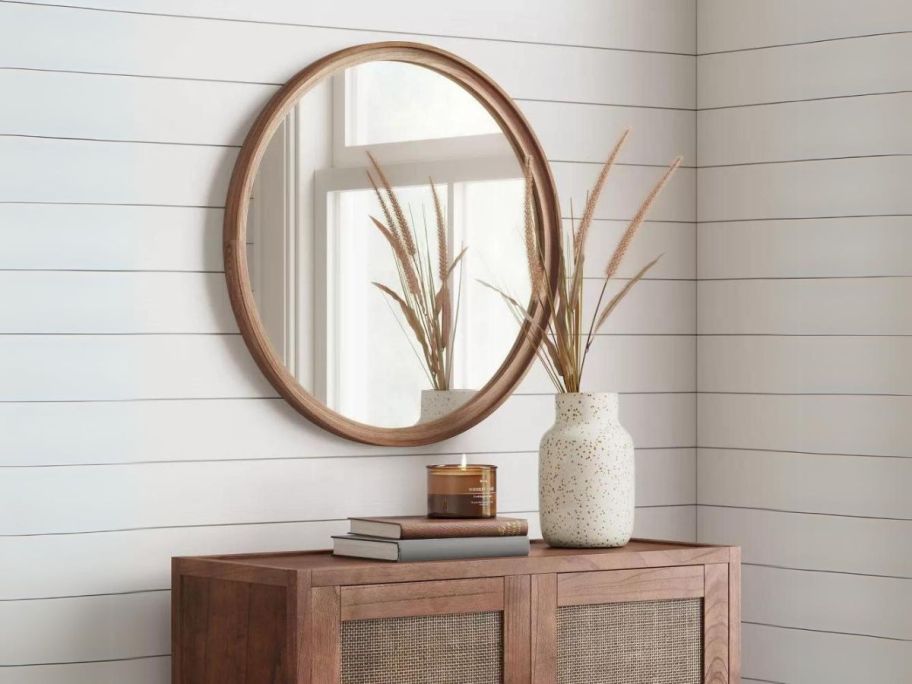 Threshold 26" Classic Wood Round Mirror above table