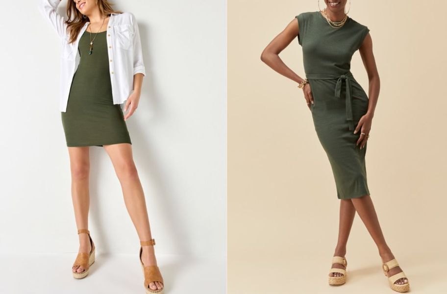 two models wearing green body con dresses and sandals