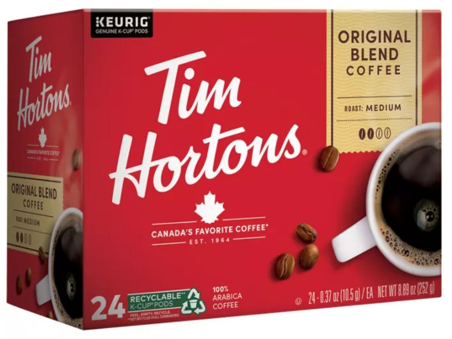 A box of Tim Hortons K-Cup Pods 24
