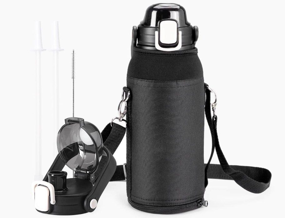 black water bottle inside water bottle with black carrier bag, straw set, and extra lid