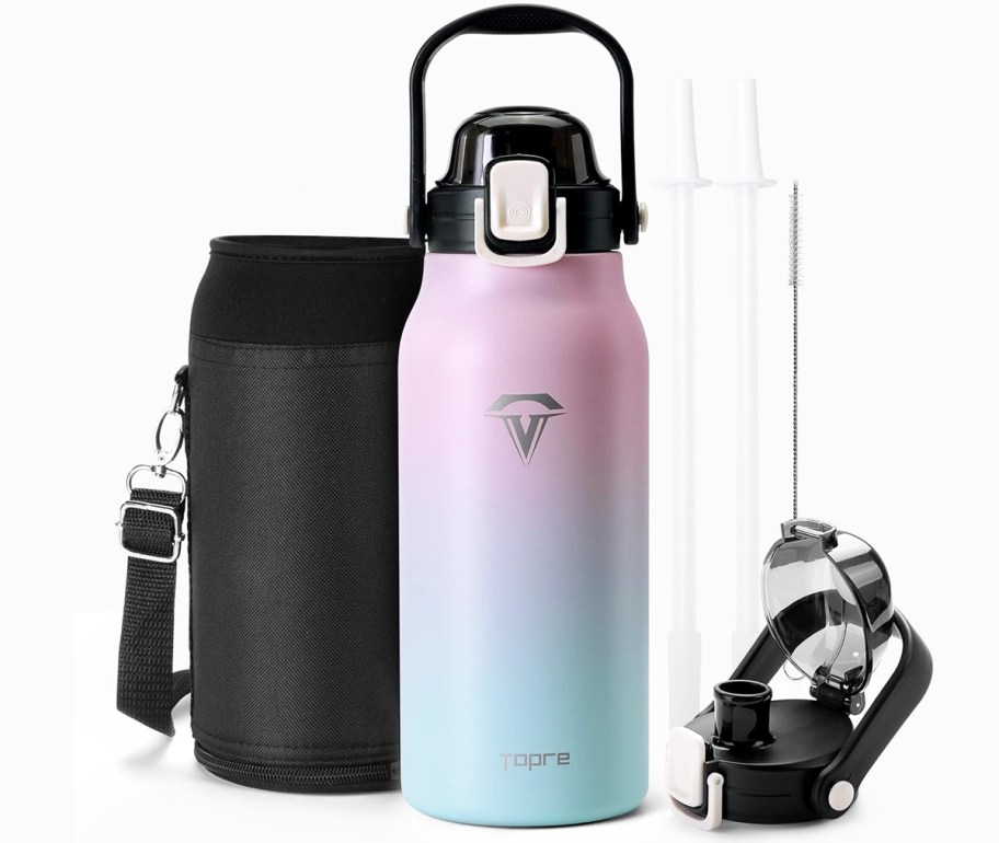 pink and blue ombre water bottle with black carrier bag, straw set, and extra lid