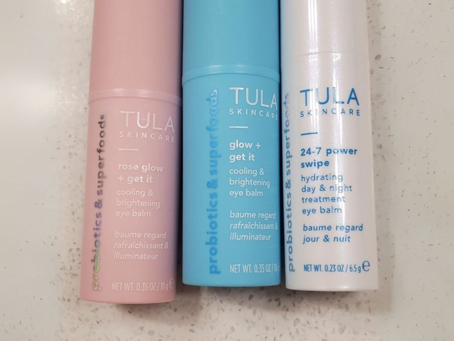 Tula Skin Care Eye Balm Extravaganza 3-Piece Kit on counter