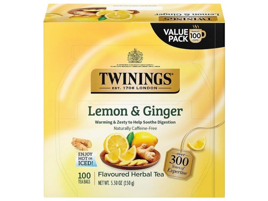 Twinings Lemon & Ginger Herbal Tea 100 count stock image