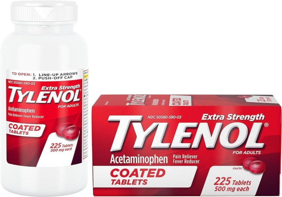 Stock images of a box and bottle of 225 count Extra Strength Tylenol