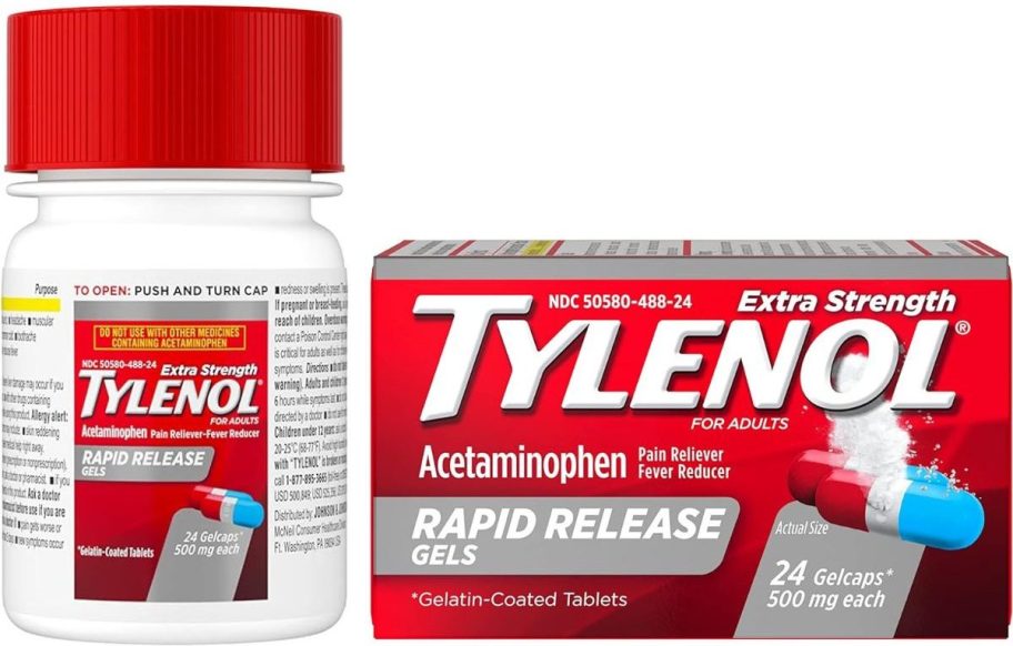 Stock images of a24-count bottle of Tylenol Rapid Release gels next to the box