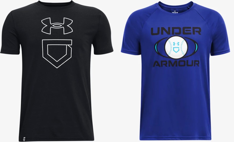 black and blue under armour graphic tees
