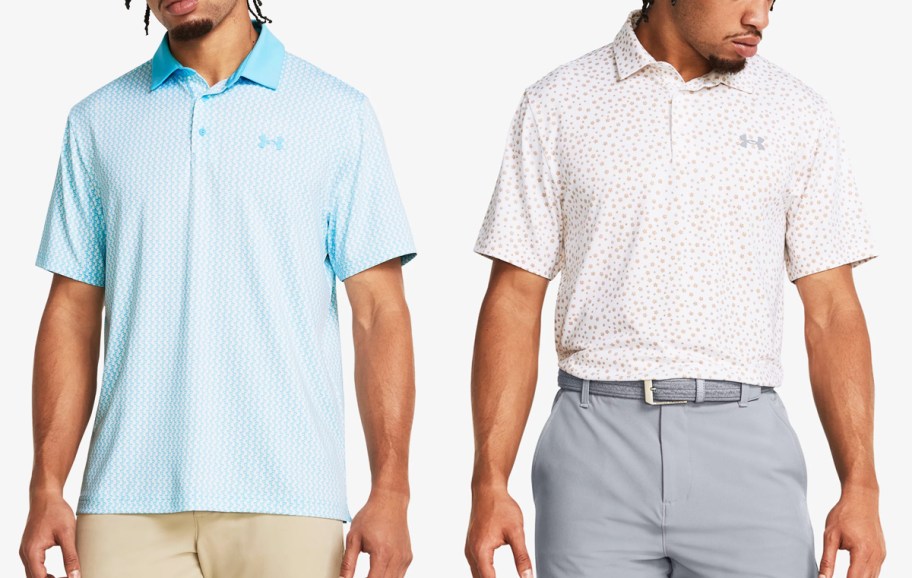 two men in light blue and white printed polo shirts