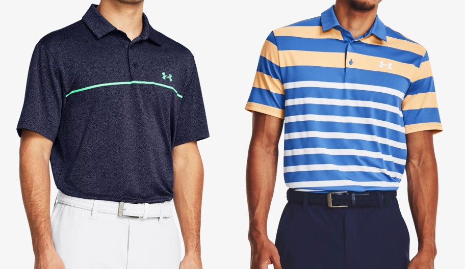 two men in dark blue and blue/orange/white striped polo shirts