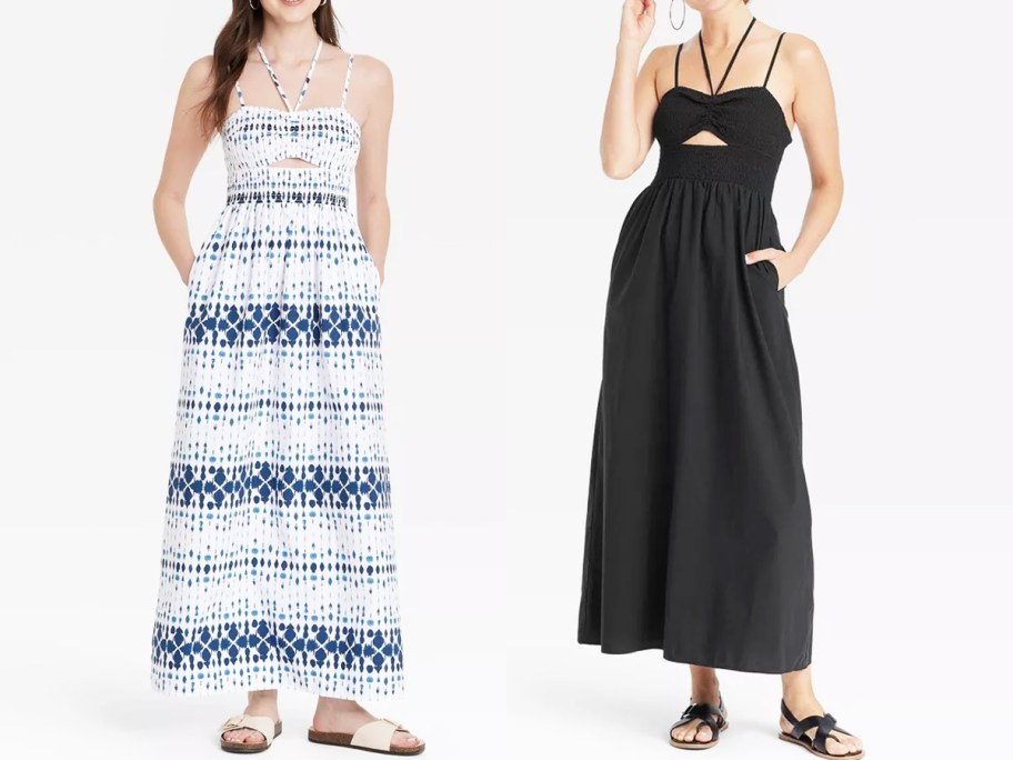 two women in blue/white and solid black maxi dresses