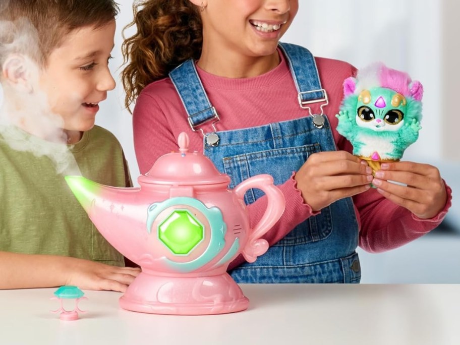 kids playing with a Magic Mixies genie lamp and plush toy