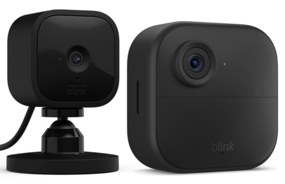 a black indoor security camera and a black rectangle outdoor security camera