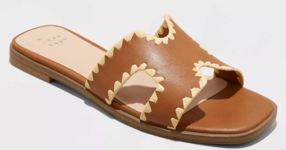 women's tan color slide sandal with stitching detail