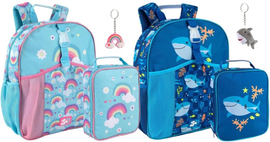 2 kids backpack sets: one with unicorns and rainbows, the other with sharks