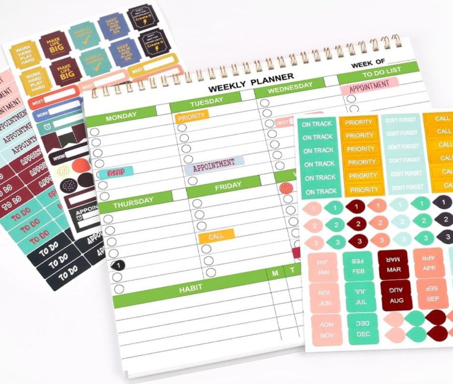 undated weekly planner shown with sticker pages on a white background