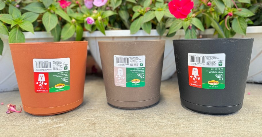 3 different color plastic planters in front of flowers