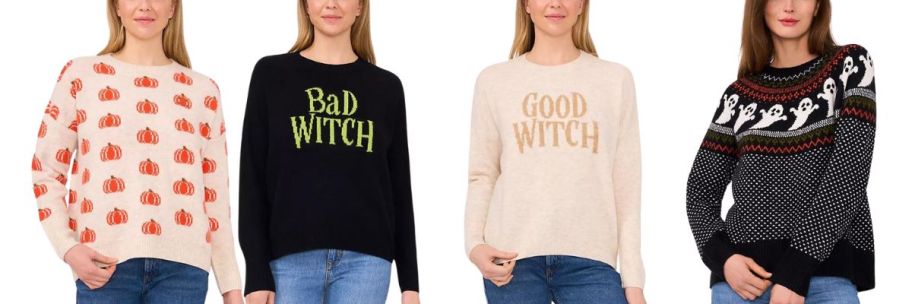 four women wearing Vince Camuto Women's Halloween Sweaters