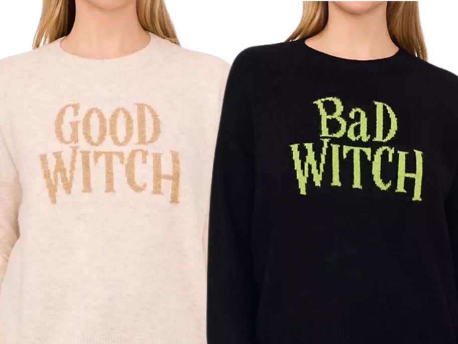 two women wearing Vince Camuto Women's Halloween Sweaters