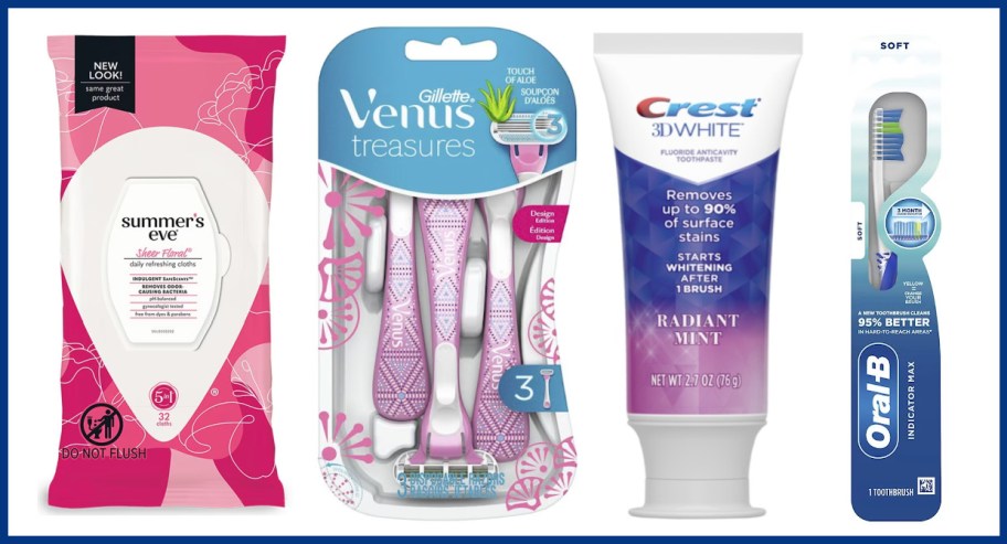 feminine wipes, disposable razors, toothpaste and toothbrush