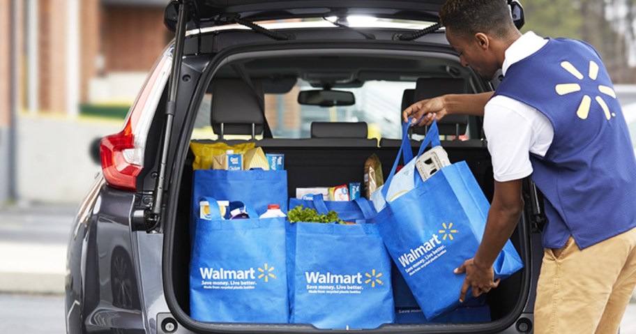 placing walmart groceries in back of car