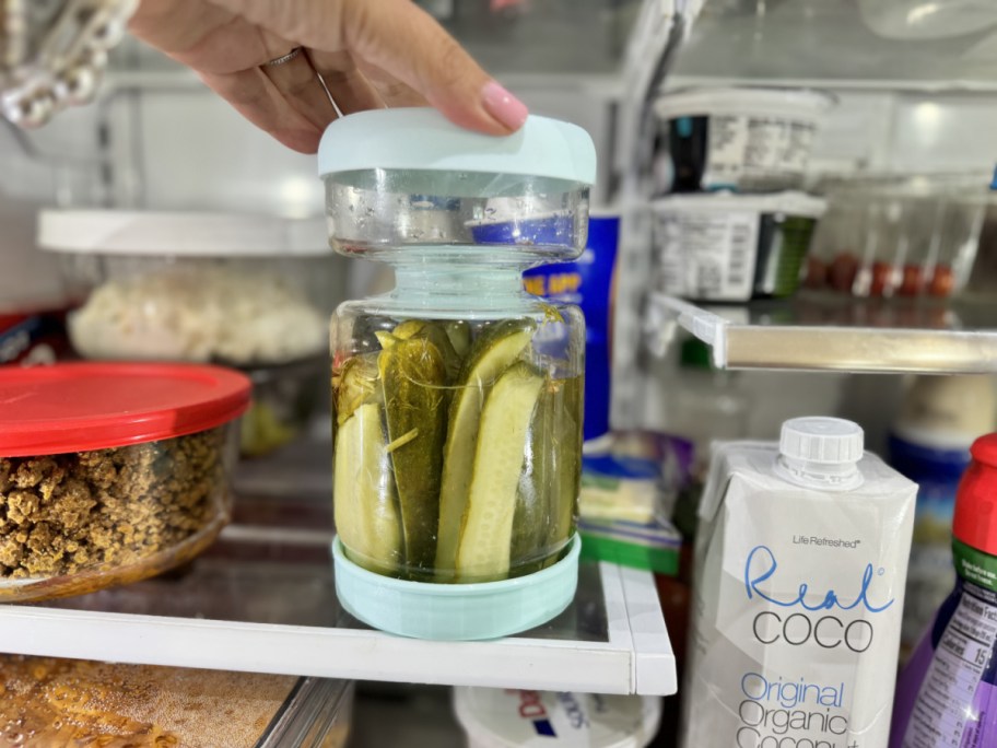 A WhiteRhino pickle jar, one of the best kitchen gadgets, shown in the fridge