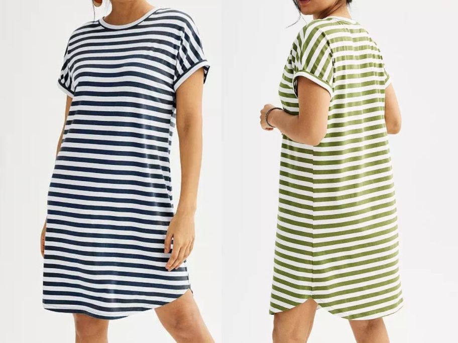 stock photos of 2 women wearing Sonoma striped dresses