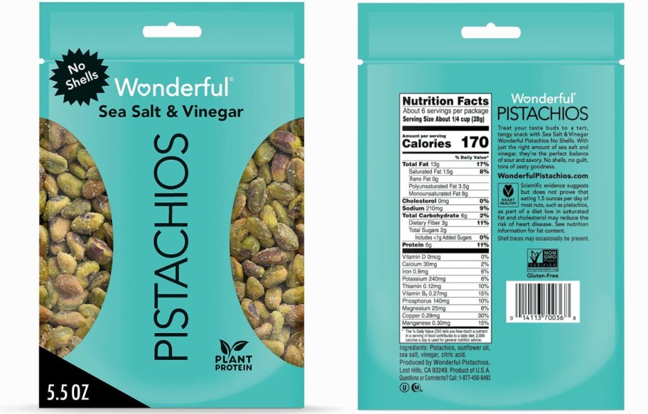 front and back view of a bag of salt & vinegar pistachios
