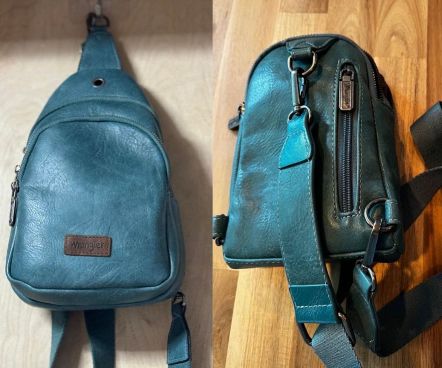 The front and back of a Wrangler Crossbody Bag in Blue