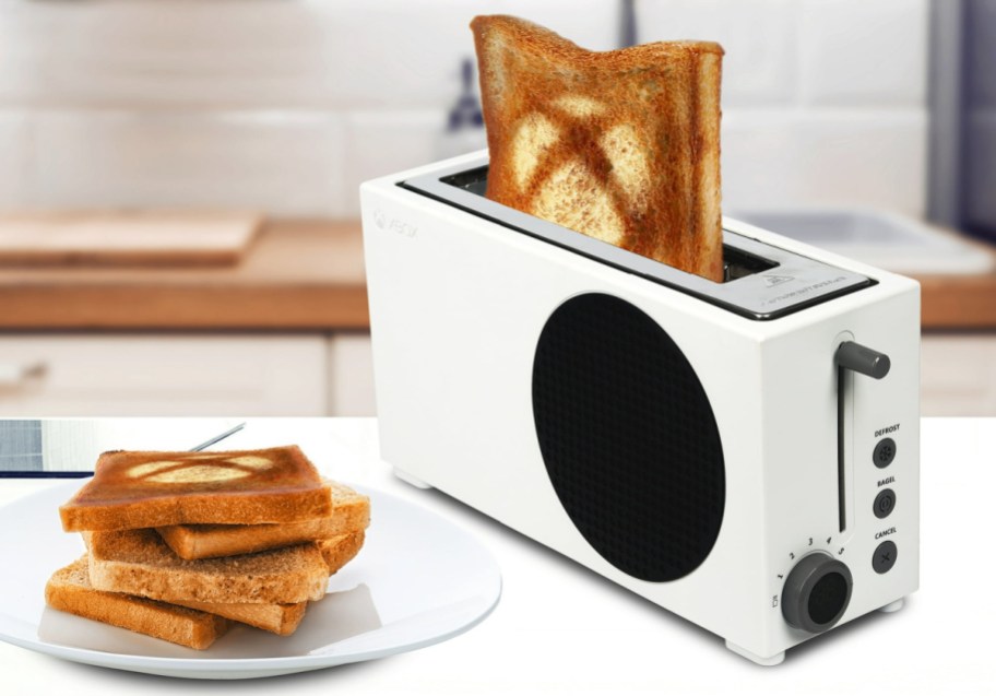 X box toaster with bread displayed on the side