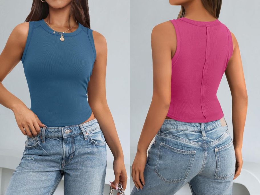 The front and back of a woman wearing a Zesica Summer Ribbed Crop Tank Top in blue and pink