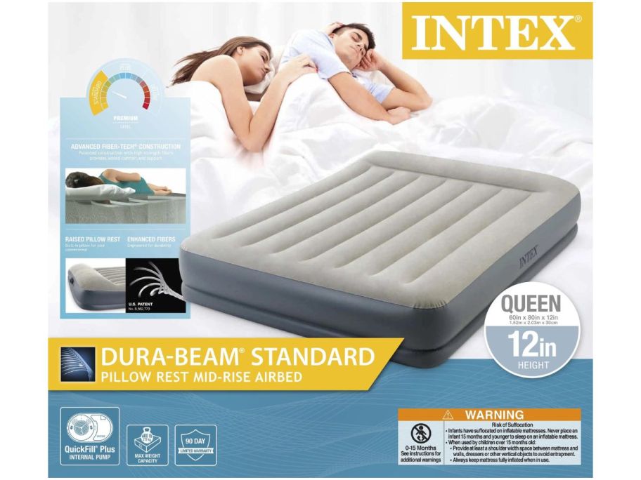 Intex Dura-Beam 12 inch Pillow Rest Mid-Rise Air Bed Mattress with Built-in Pump, Queen box